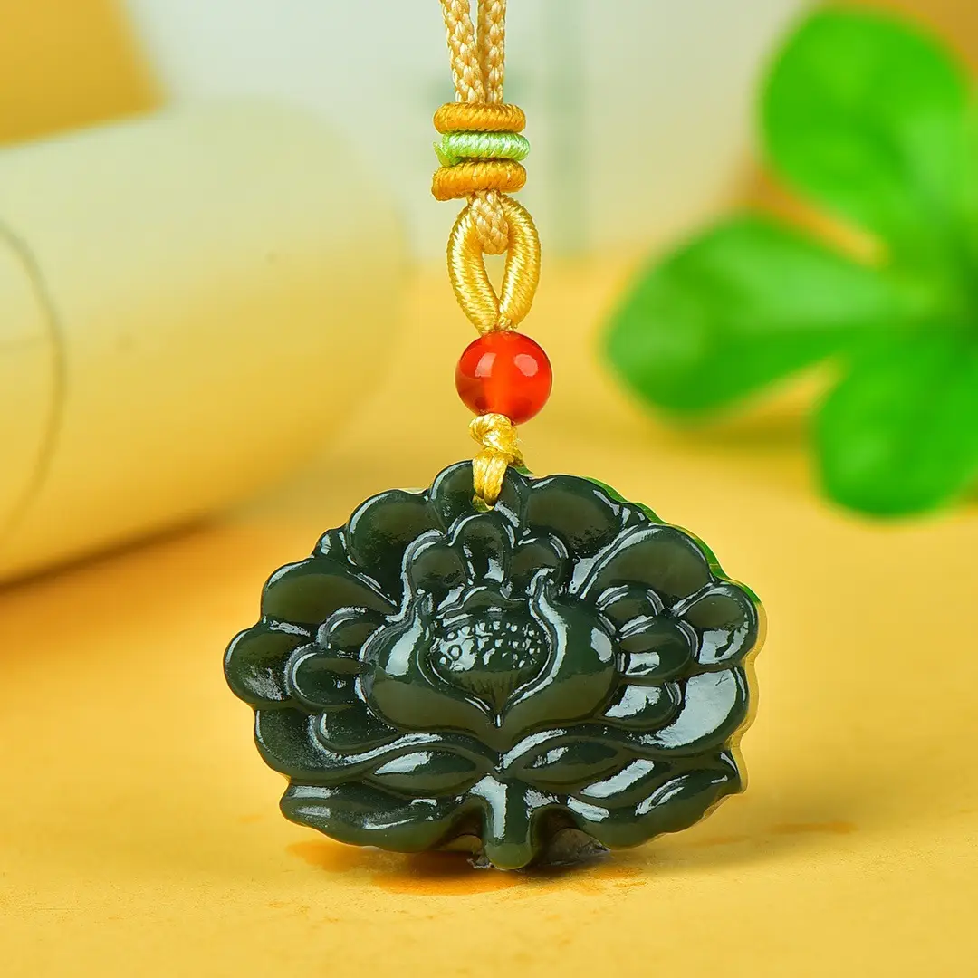 Jade Flower Pendant with Red Bead Necklace - Image 3