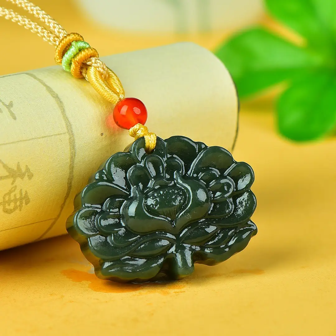 Jade Flower Pendant with Red Bead Necklace - Image 4