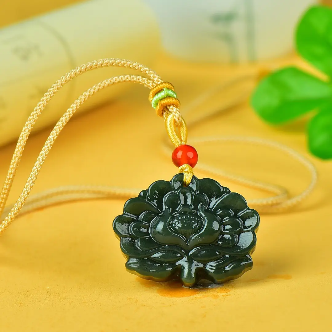 Jade Flower Pendant with Red Bead Necklace — feature 7