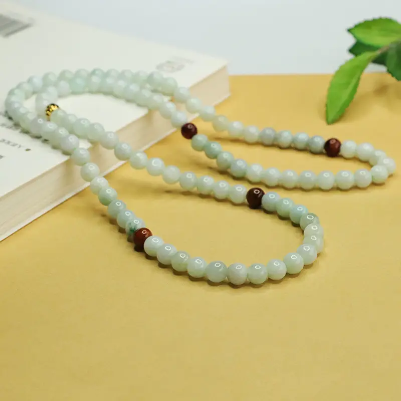 Aiyu Natural Burmese Jade Necklace with Red Beads
