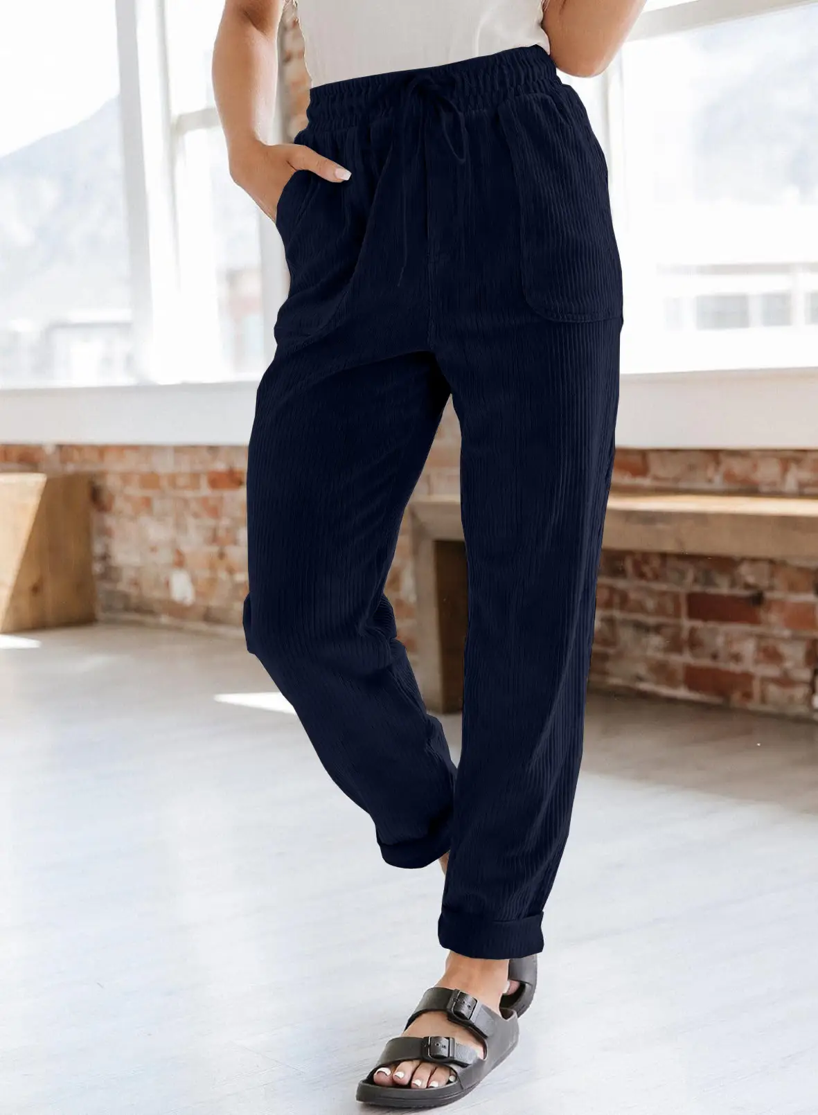 Women's 2023 Corduroy Casual Pants Solid Beige - Image 4