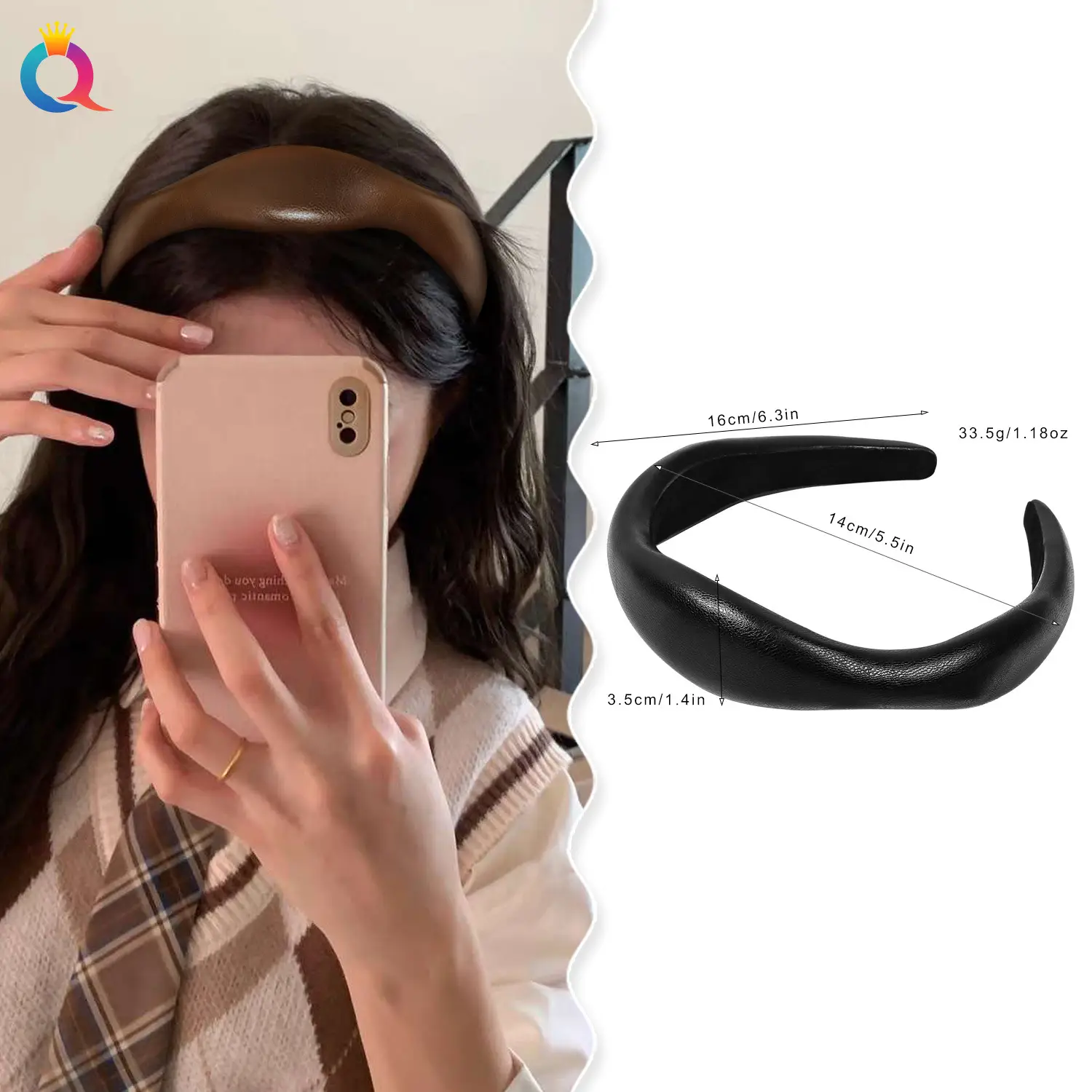 Qiyue Brown PU Leather Skull Top Headband for Women - Image 7