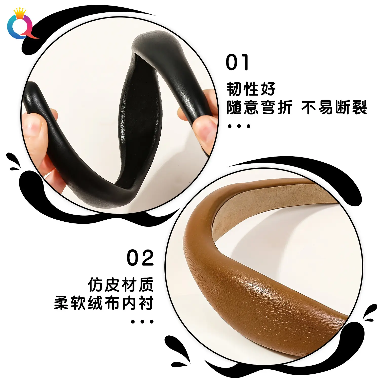Qiyue Brown PU Leather Skull Top Headband for Women - Image 8