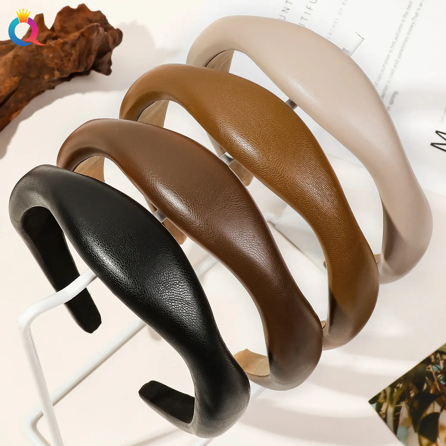 Qiyue Brown PU Leather Skull Top Headband for Women — feature 19