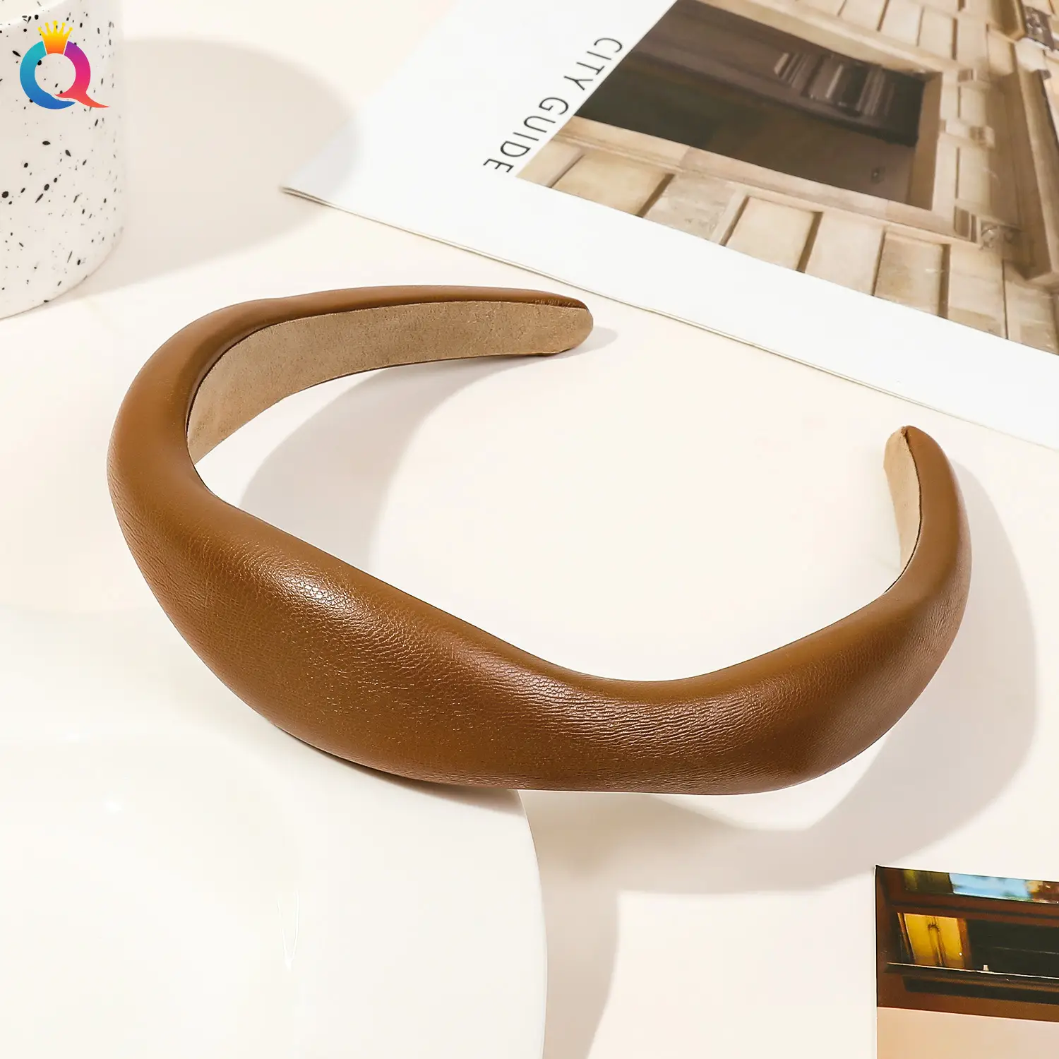 Qiyue Brown PU Leather Skull Top Headband for Women — feature 28