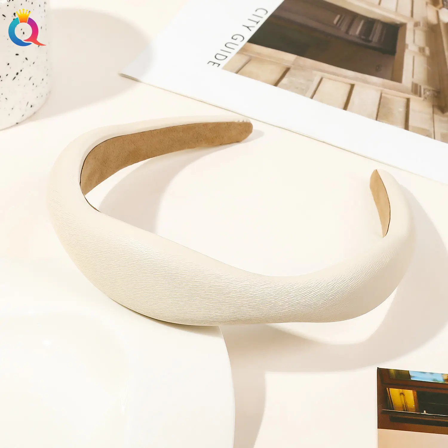 Qiyue Brown PU Leather Skull Top Headband for Women - Image 2