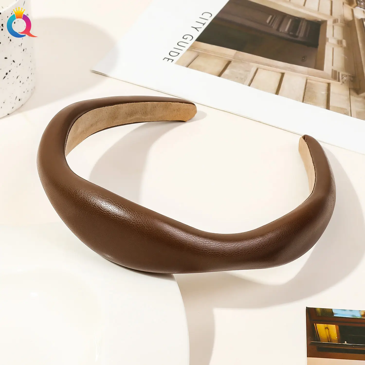 Qiyue Brown PU Leather Skull Top Headband for Women - Image 3