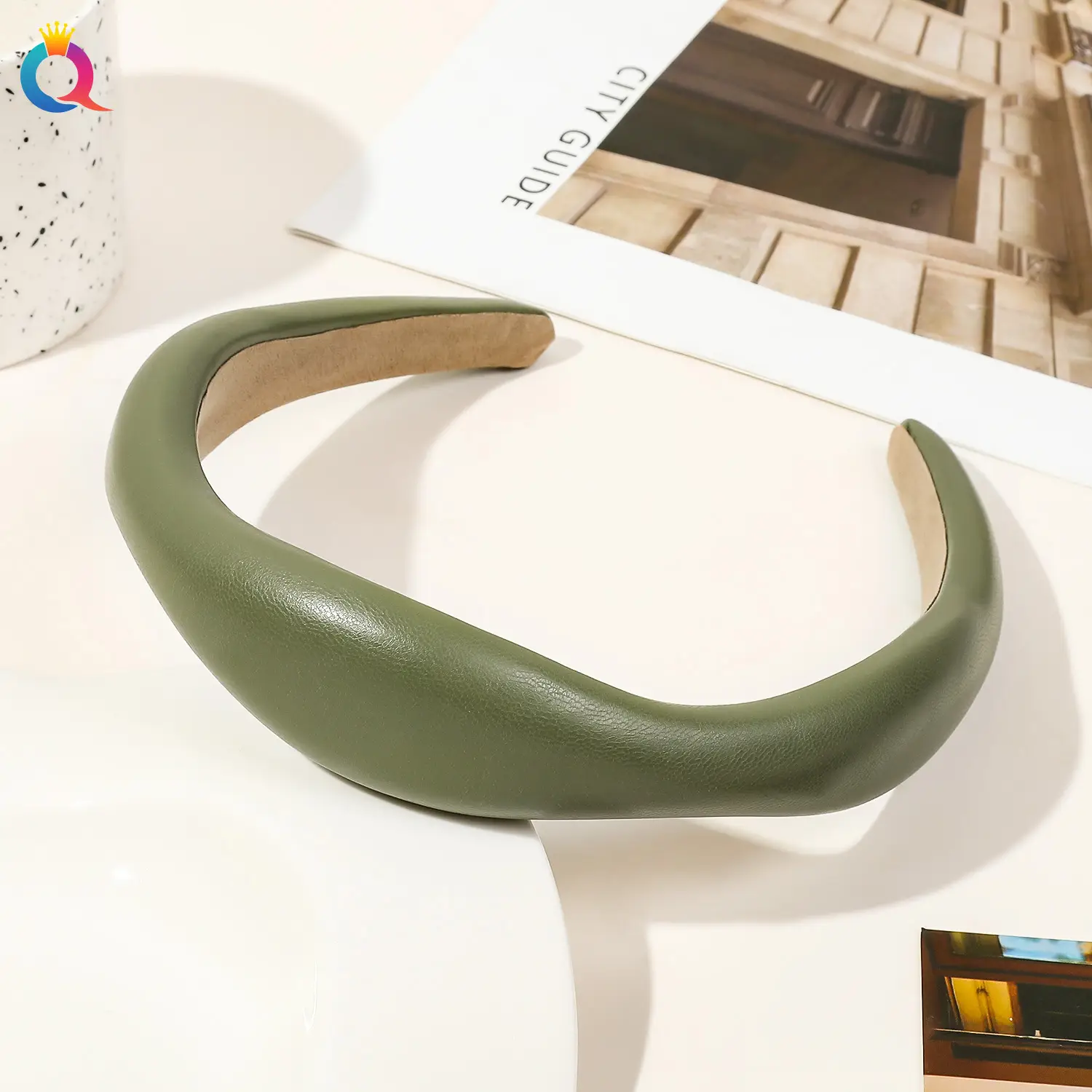 Qiyue Brown PU Leather Skull Top Headband for Women - Image 5