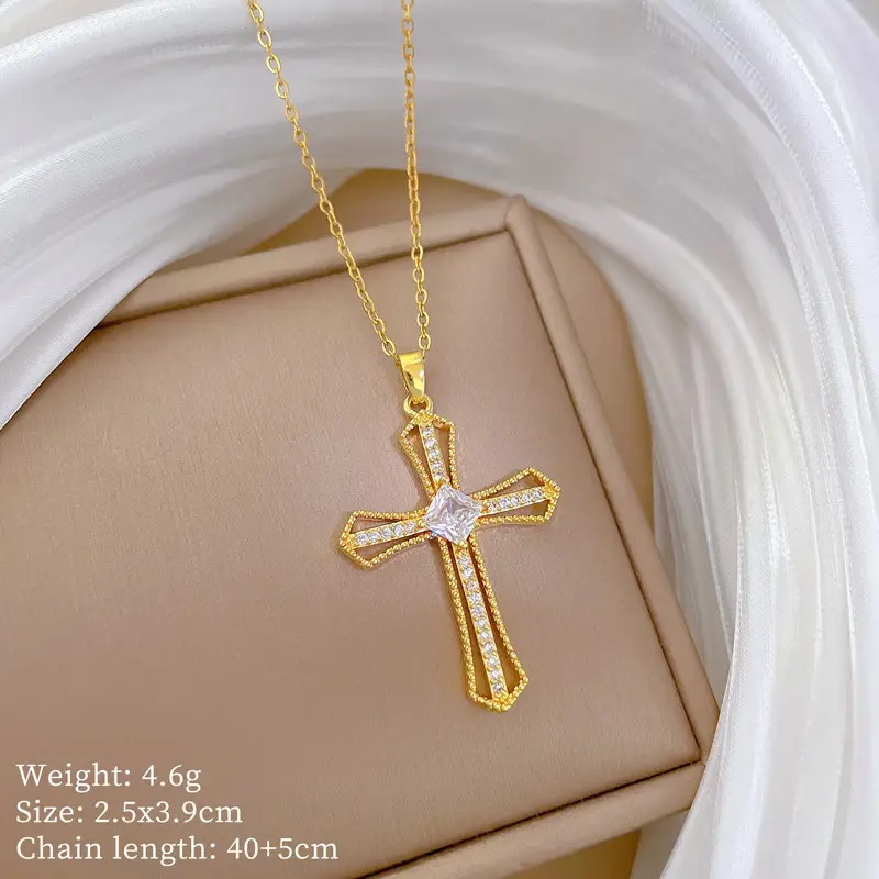 Titanium Steel Cross Pendant with Full Diamond Micro Inlay — feature 40