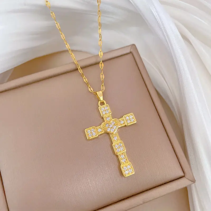 Titanium Steel Cross Pendant with Full Diamond Micro Inlay - Image 33