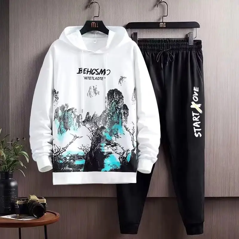 Men's White Black Graphic Hoodie Sweatpants Set Winter Casual — feature 2