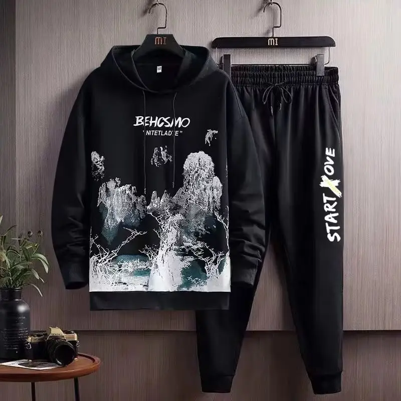 Men's White Black Graphic Hoodie Sweatpants Set Winter Casual — feature 3