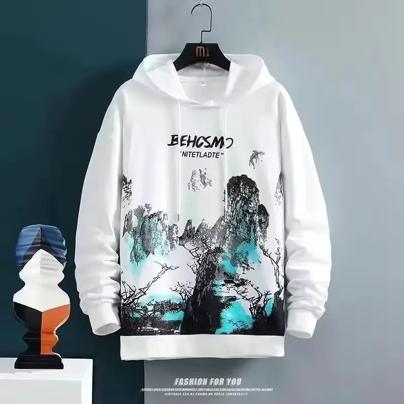 Men's White Black Graphic Hoodie Sweatpants Set Winter Casual — feature 5