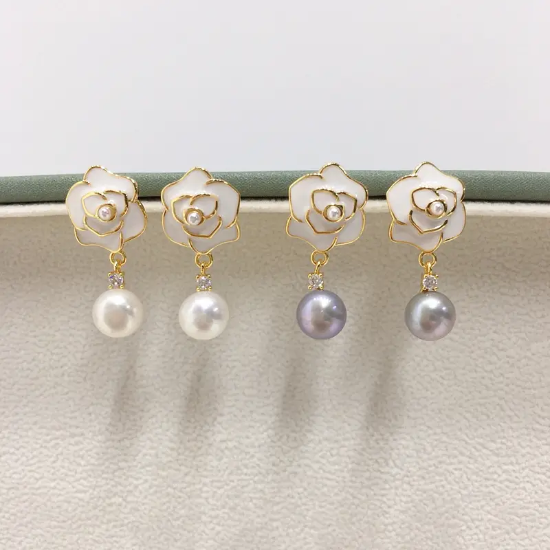 18K Gold-Filled White Camellia Pearl Earrings for Women - Image 4