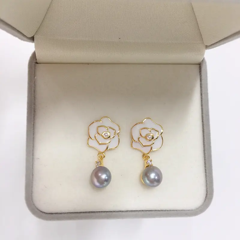 18K Gold-Filled White Camellia Pearl Earrings for Women - Image 2