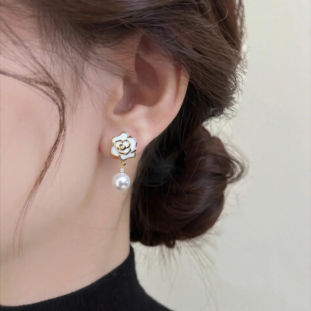 18K Gold-Filled White Camellia Pearl Earrings for Women - Image 5
