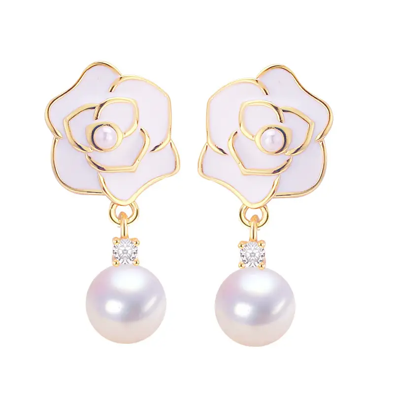 18K Gold-Filled White Camellia Pearl Earrings for Women - Image 6