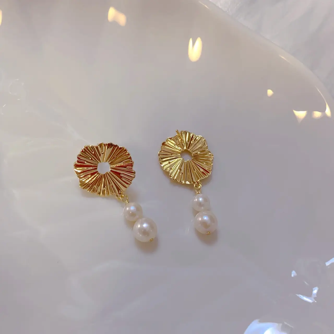 Natural Baroque Pearl Earrings Gold Sun Halo Design - Image 4