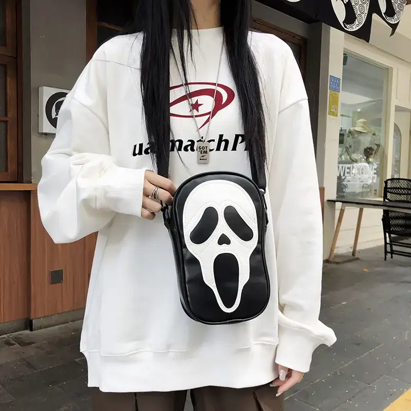 Korean Style Skull Embroidery Shoulder Bag Black - Image 5