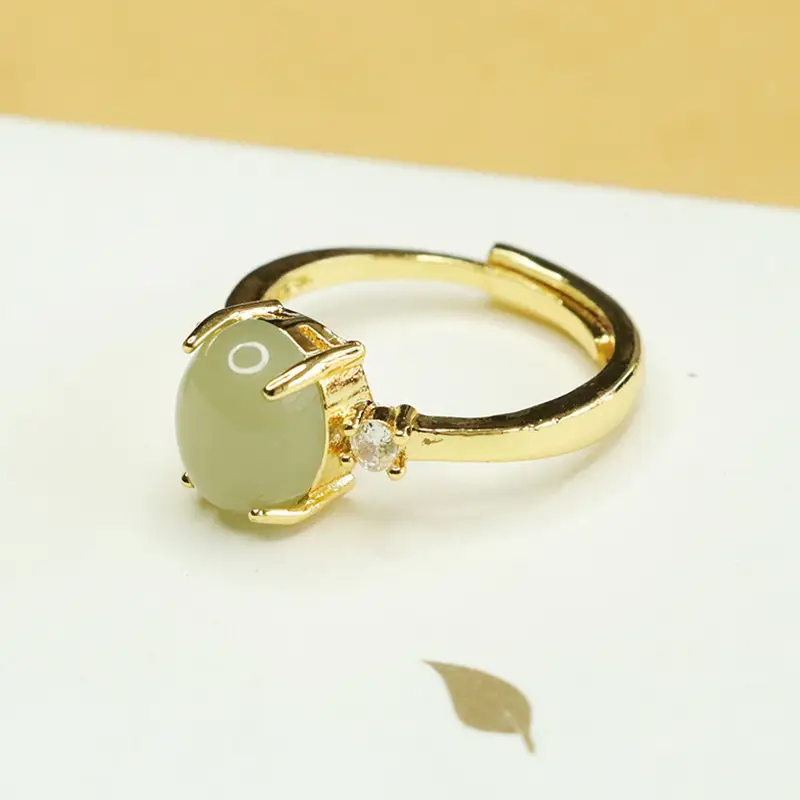 Aiyu Jade Ring with Prong Setting Gold Tone - Image 3
