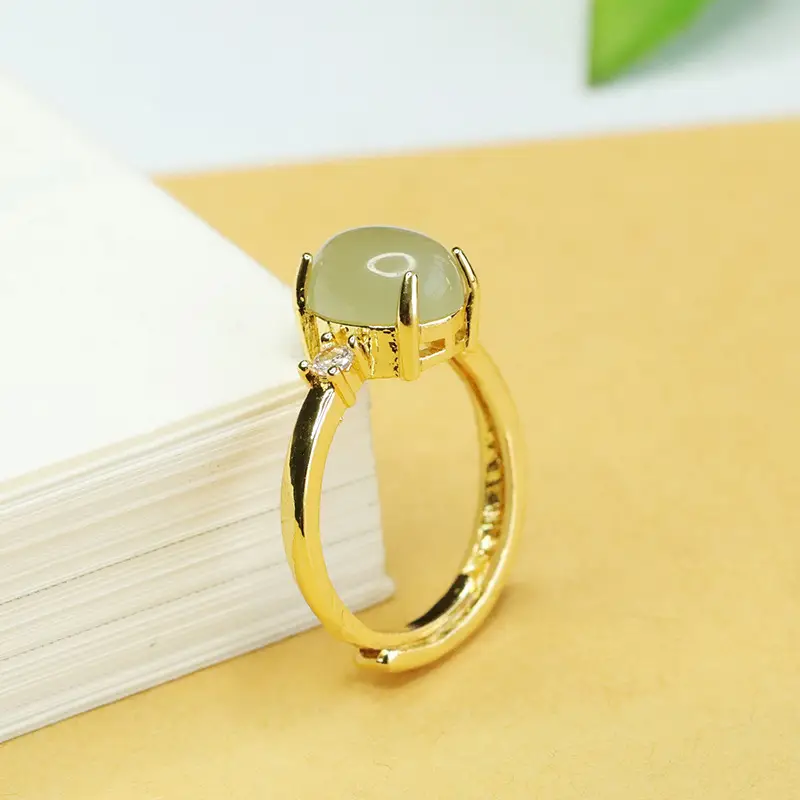 Aiyu Jade Ring with Prong Setting Gold Tone - Image 4