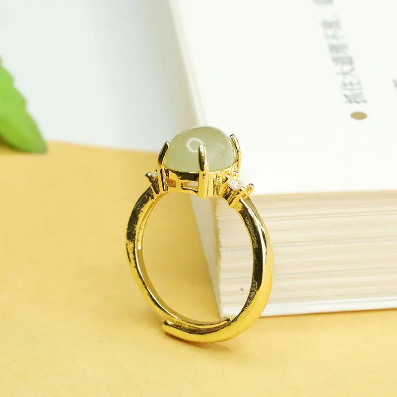 Aiyu Jade Ring with Prong Setting Gold Tone - Image 5