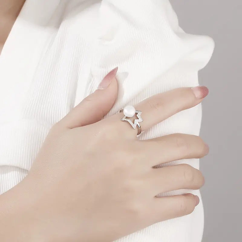 Korean Star Pearl Open Ring for Women Gold Yellow - Image 2