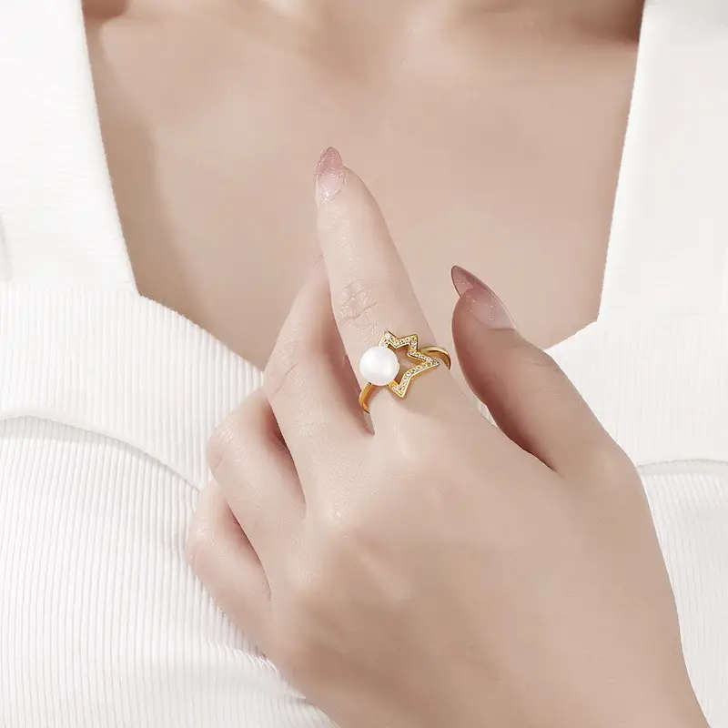 Korean Star Pearl Open Ring for Women Gold Yellow - Image 3