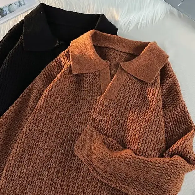Men's Brown V-Neck Lapel Sweater Loose Fit - Image 5