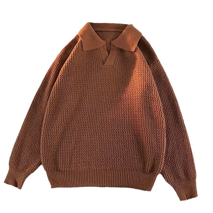 Men's Brown V-Neck Lapel Sweater Loose Fit - Image 6