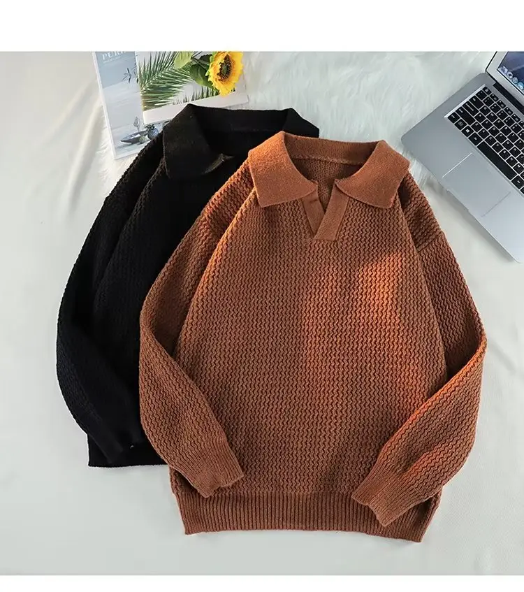 Men's Brown V-Neck Lapel Sweater Loose Fit — feature 11