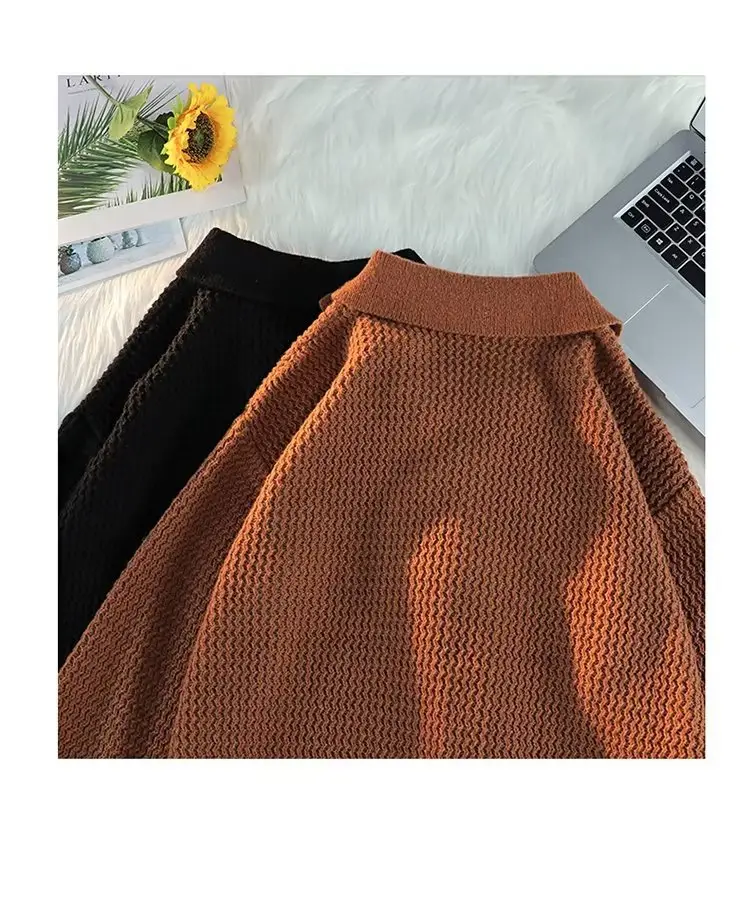 Men's Brown V-Neck Lapel Sweater Loose Fit — feature 13