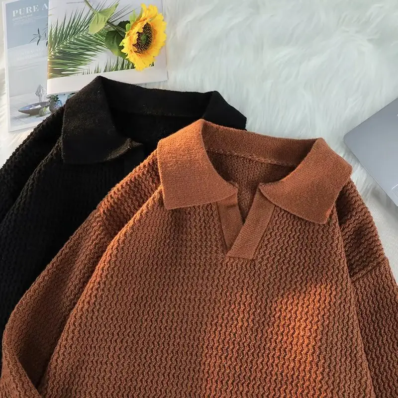 Men's Brown V-Neck Lapel Sweater Loose Fit — feature 15