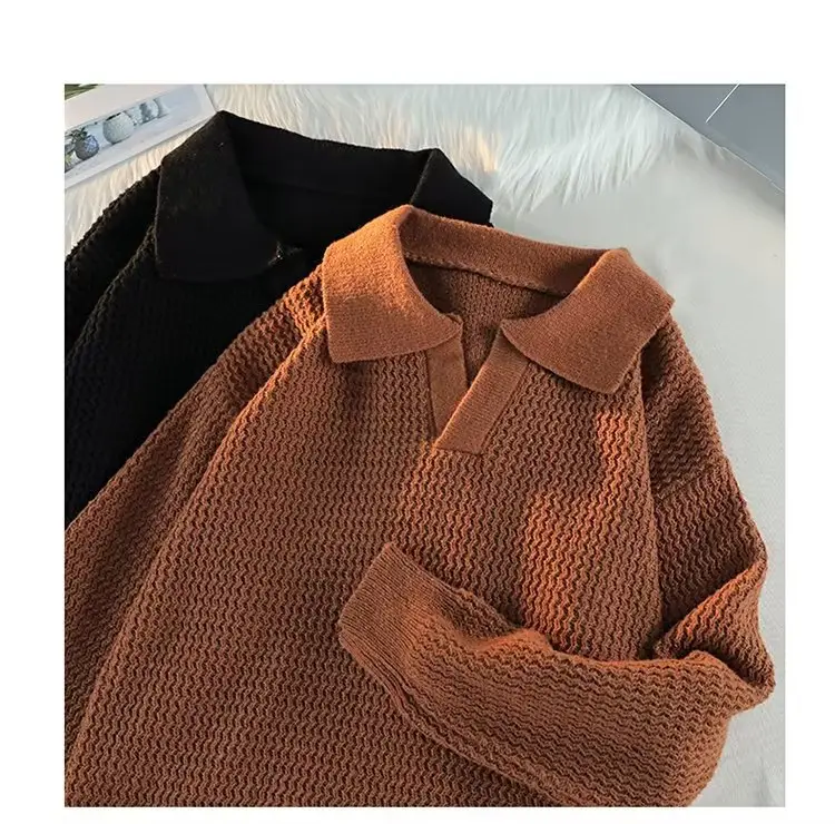 Men's Brown V-Neck Lapel Sweater Loose Fit — feature 16
