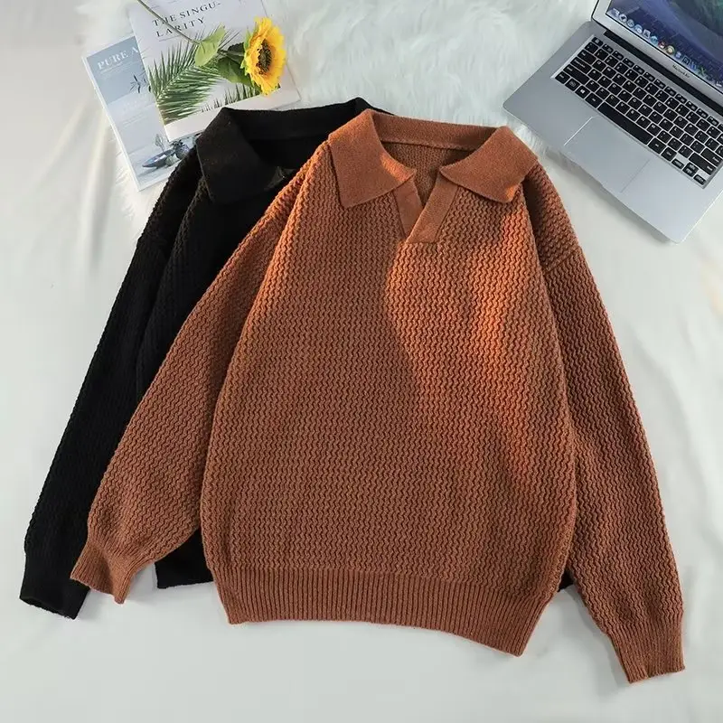 Men's Brown V-Neck Lapel Sweater Loose Fit — feature 17