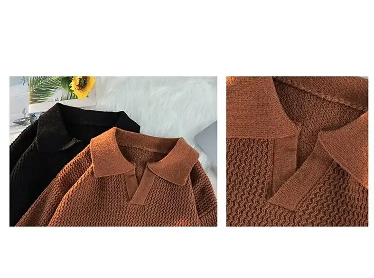 Men's Brown V-Neck Lapel Sweater Loose Fit — feature 18