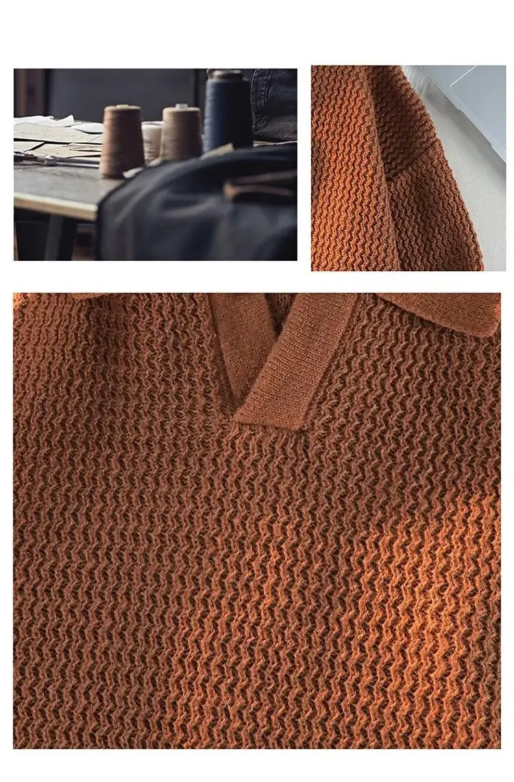 Men's Brown V-Neck Lapel Sweater Loose Fit — feature 20