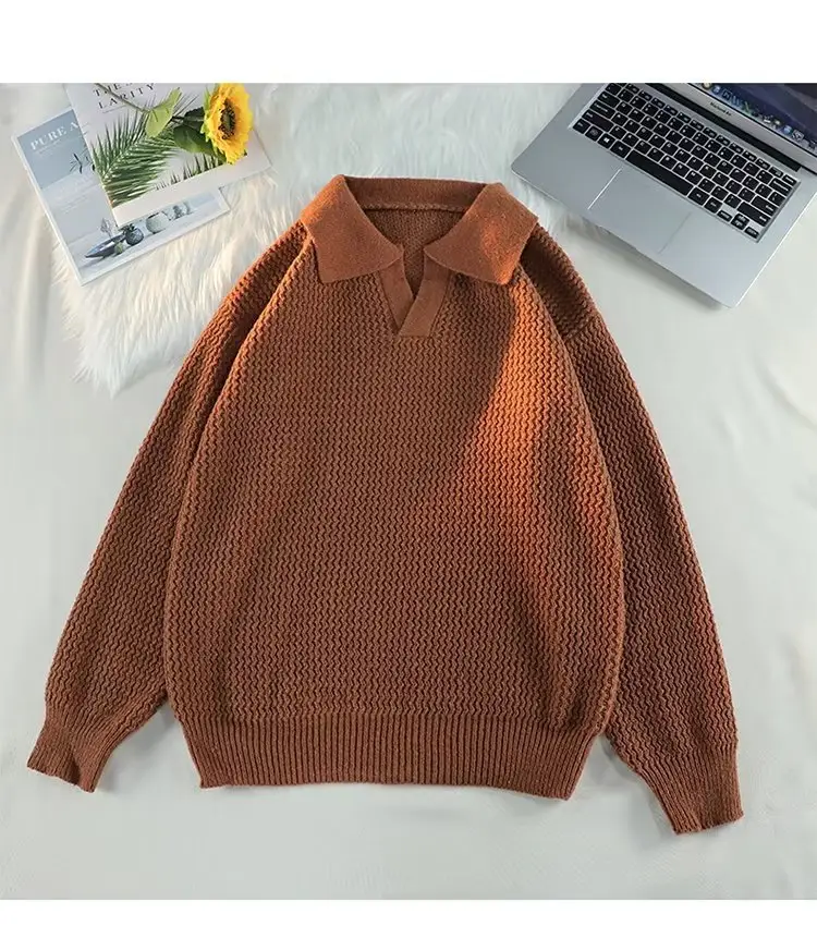 Men's Brown V-Neck Lapel Sweater Loose Fit — feature 21
