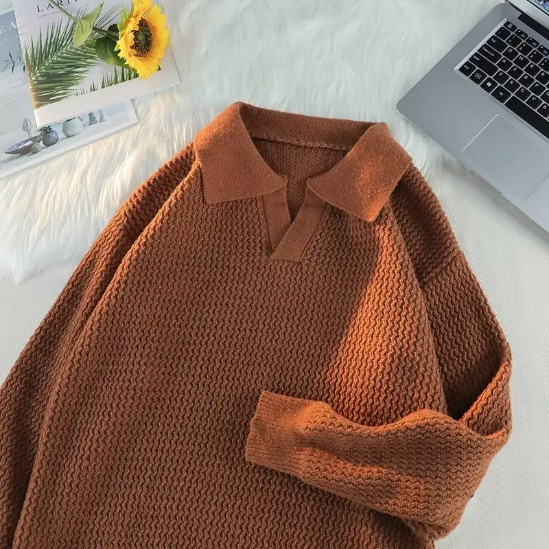 Men's Brown V-Neck Lapel Sweater Loose Fit — feature 22