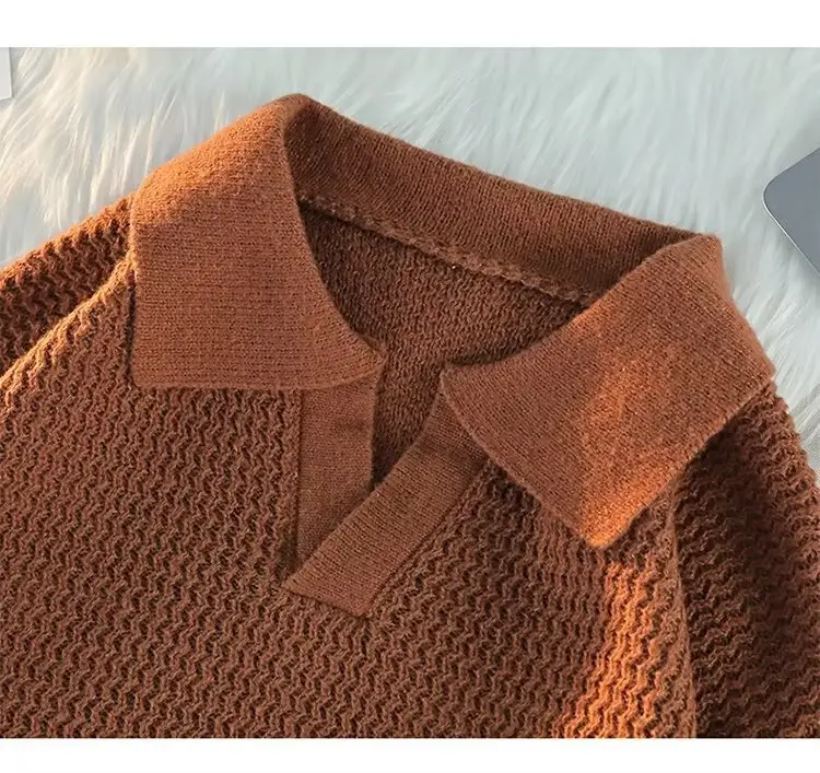 Men's Brown V-Neck Lapel Sweater Loose Fit — feature 23