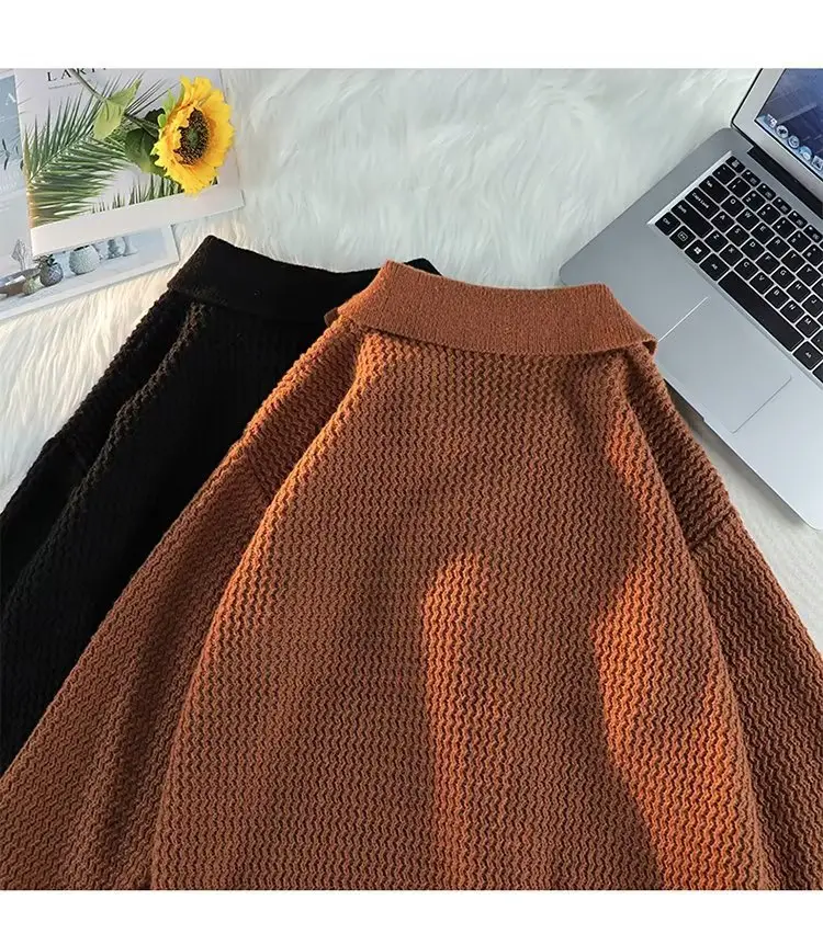 Men's Brown V-Neck Lapel Sweater Loose Fit — feature 25
