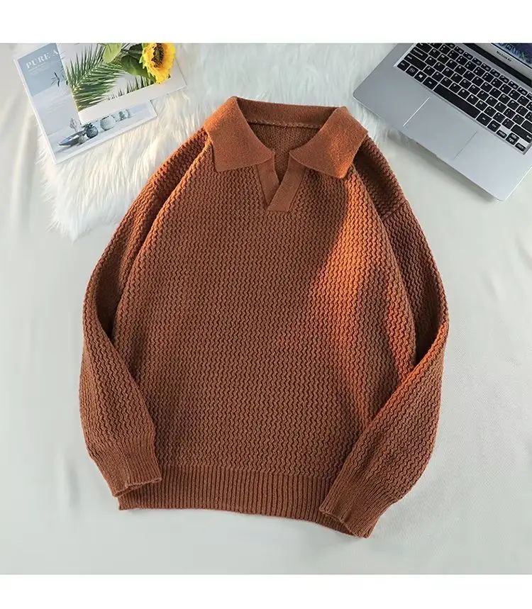 Men's Brown V-Neck Lapel Sweater Loose Fit — feature 26