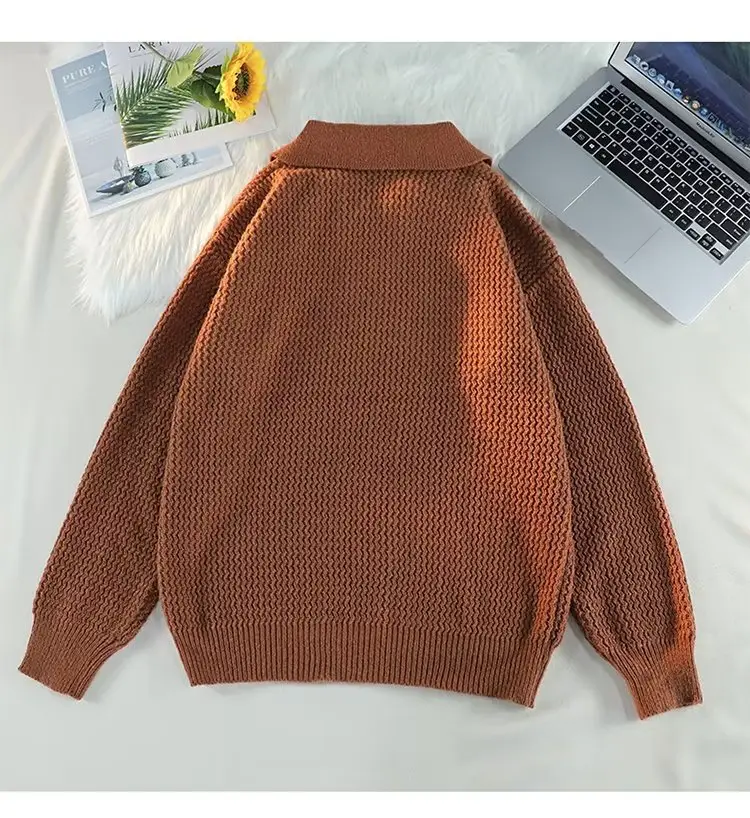 Men's Brown V-Neck Lapel Sweater Loose Fit — feature 27