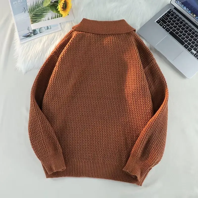Men's Brown V-Neck Lapel Sweater Loose Fit — feature 28
