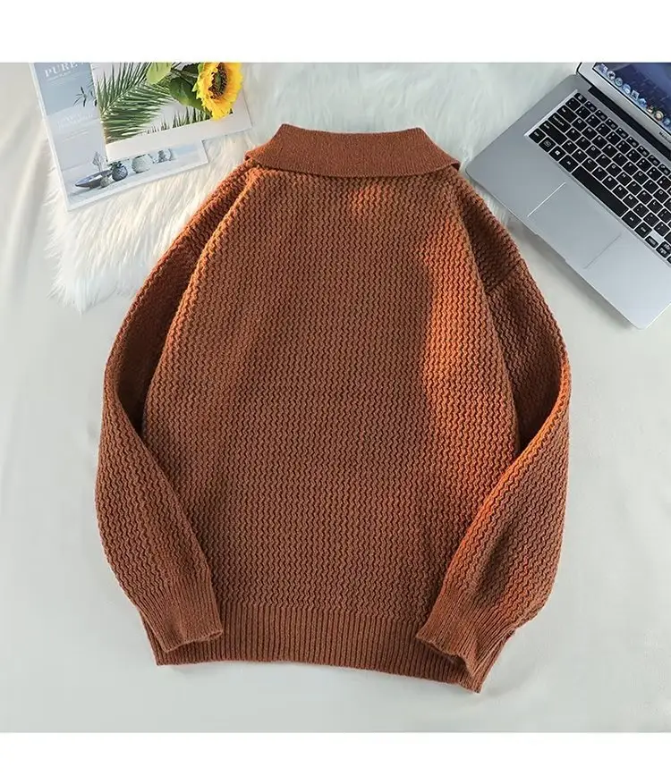 Men's Brown V-Neck Lapel Sweater Loose Fit — feature 29