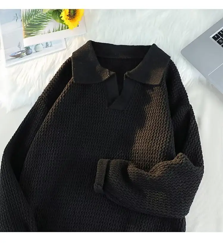 Men's Brown V-Neck Lapel Sweater Loose Fit — feature 30