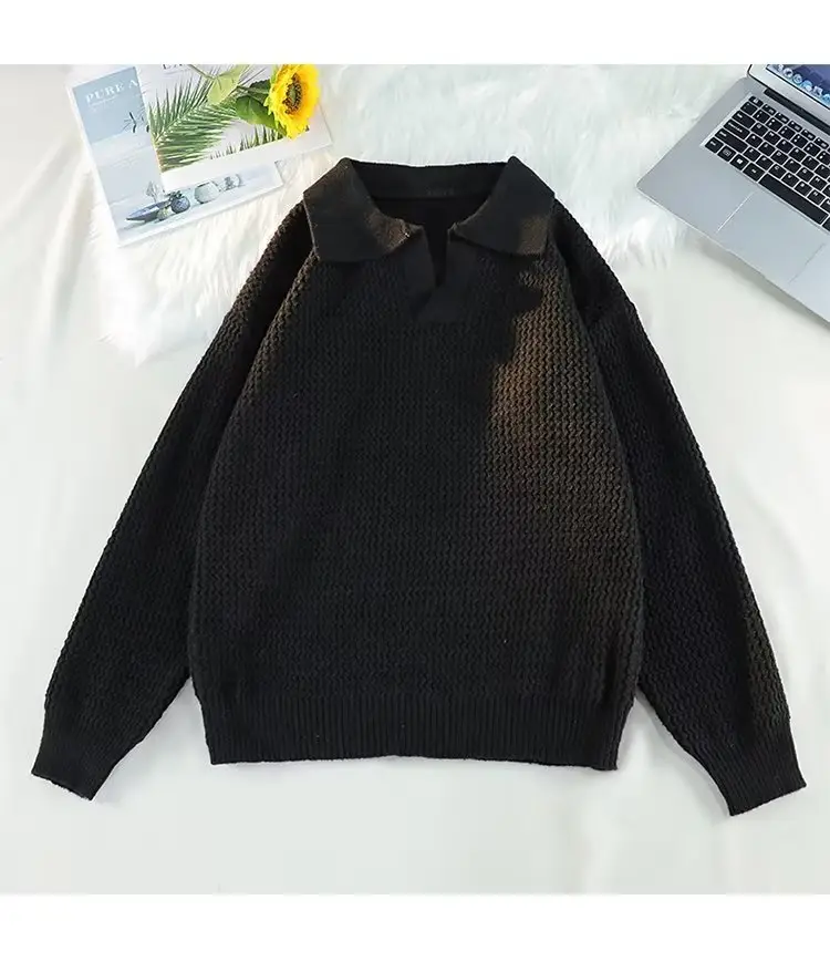 Men's Brown V-Neck Lapel Sweater Loose Fit — feature 31
