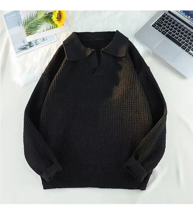 Men's Brown V-Neck Lapel Sweater Loose Fit — feature 32