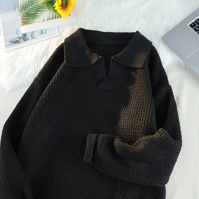 Men's Brown V-Neck Lapel Sweater Loose Fit — feature 33