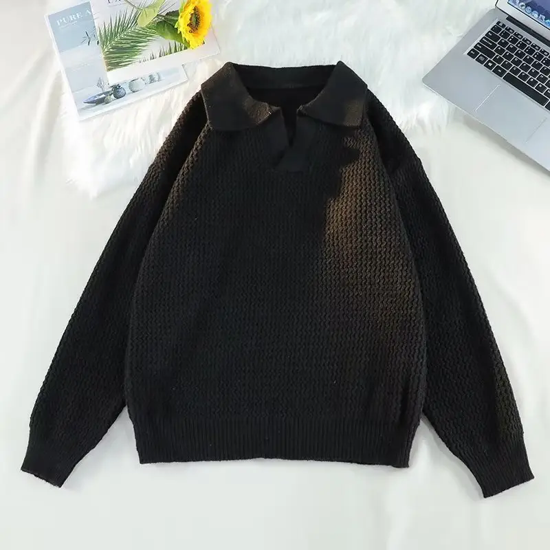 Men's Brown V-Neck Lapel Sweater Loose Fit — feature 34